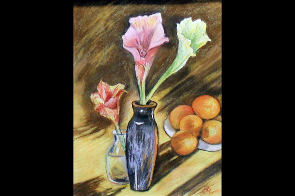 Flowers and Oranges in Blue Vase by Elzbieta Rostkowski-Post 